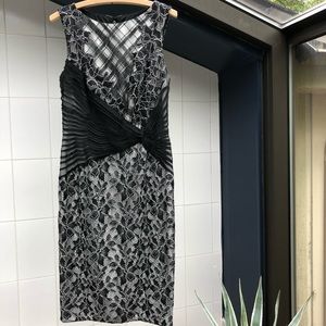 Tadashi Shoji, black lace on white dress. Size 8.